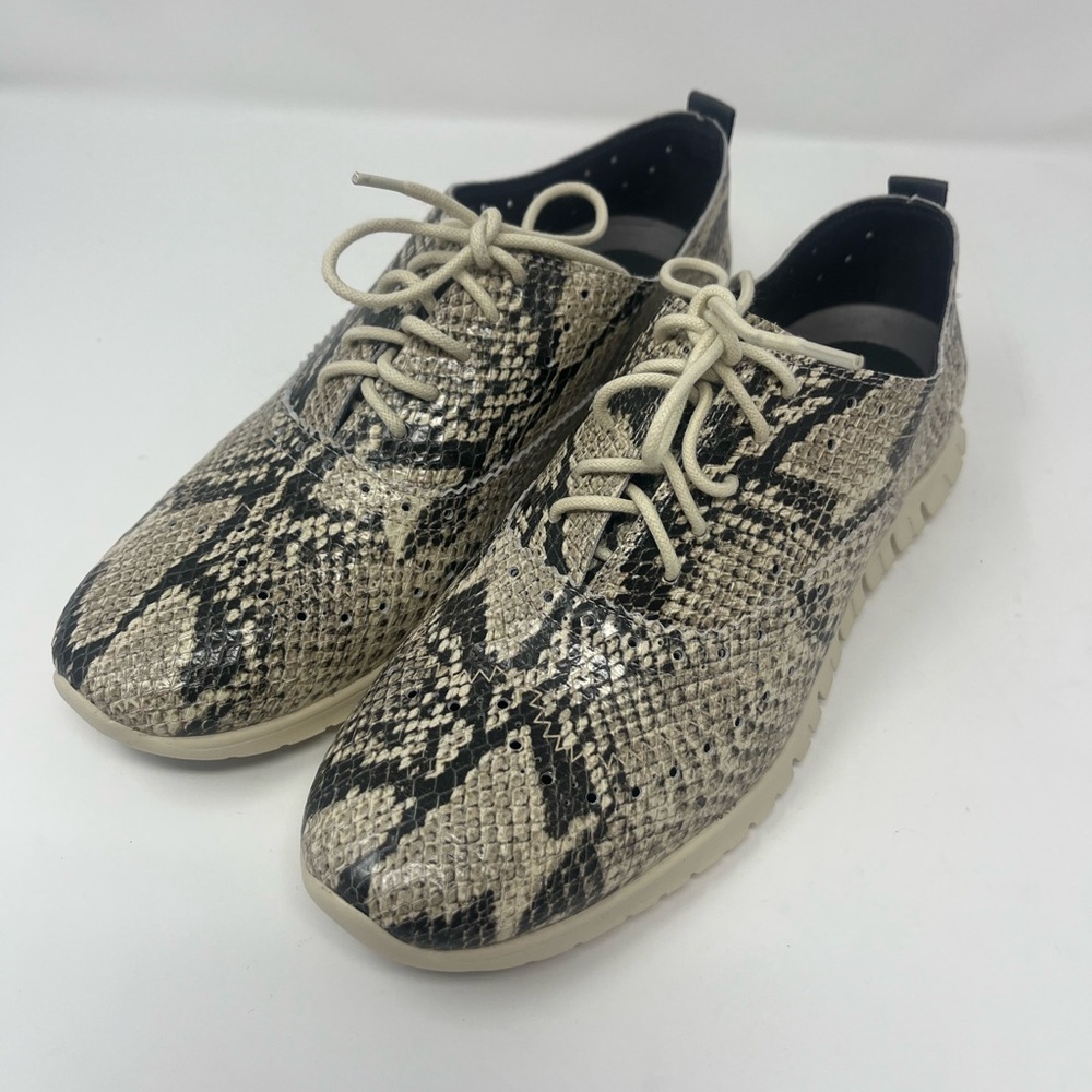 COLE HAAN Zerogrand Wing Oxford Shoes Women's 7.5 B Black Cream Snake Print NEW